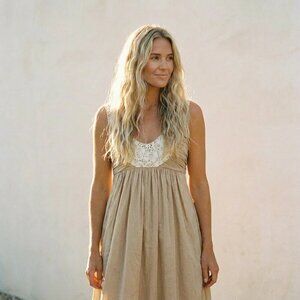 Anthropologie Molly New York Sweet Olive Shift Dress Lace Linen Dress size 8
